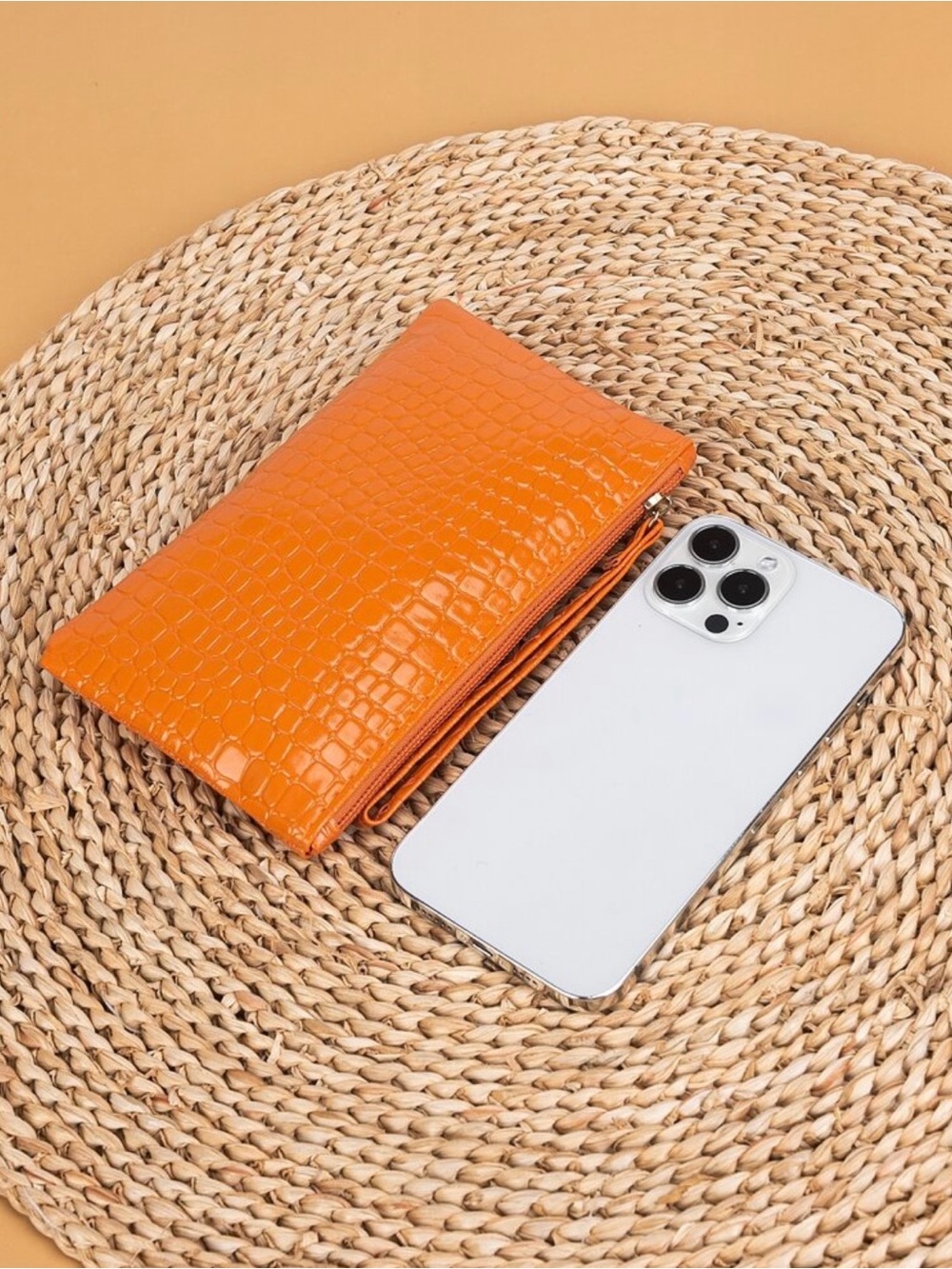 Vibrant Orange Croc-Embossed Wristlet Clutch/Wallet Purse